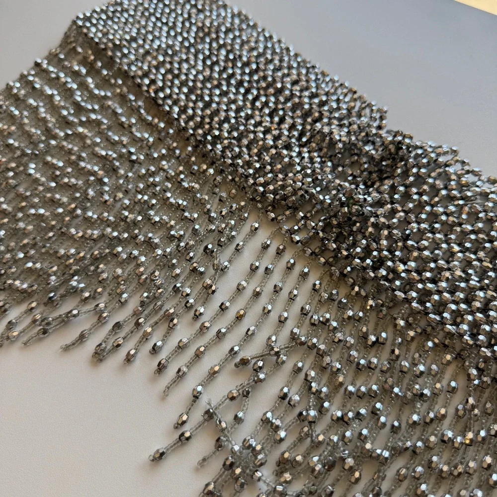 Silver Beaded Fringe Hip Belt Festival Rave Skirt Overlay Statement Accessory